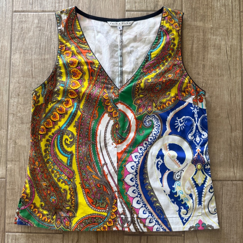Trina Turk Womens Large Sleeveless V-Neck Blouse Multicolor Paisley Print Top